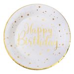 Paptallerkener Happy Birthday Guld/Hvid
