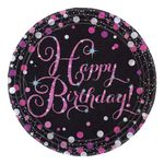 Paptallerkener Happy Birthday Sort/Lyserød Glitter