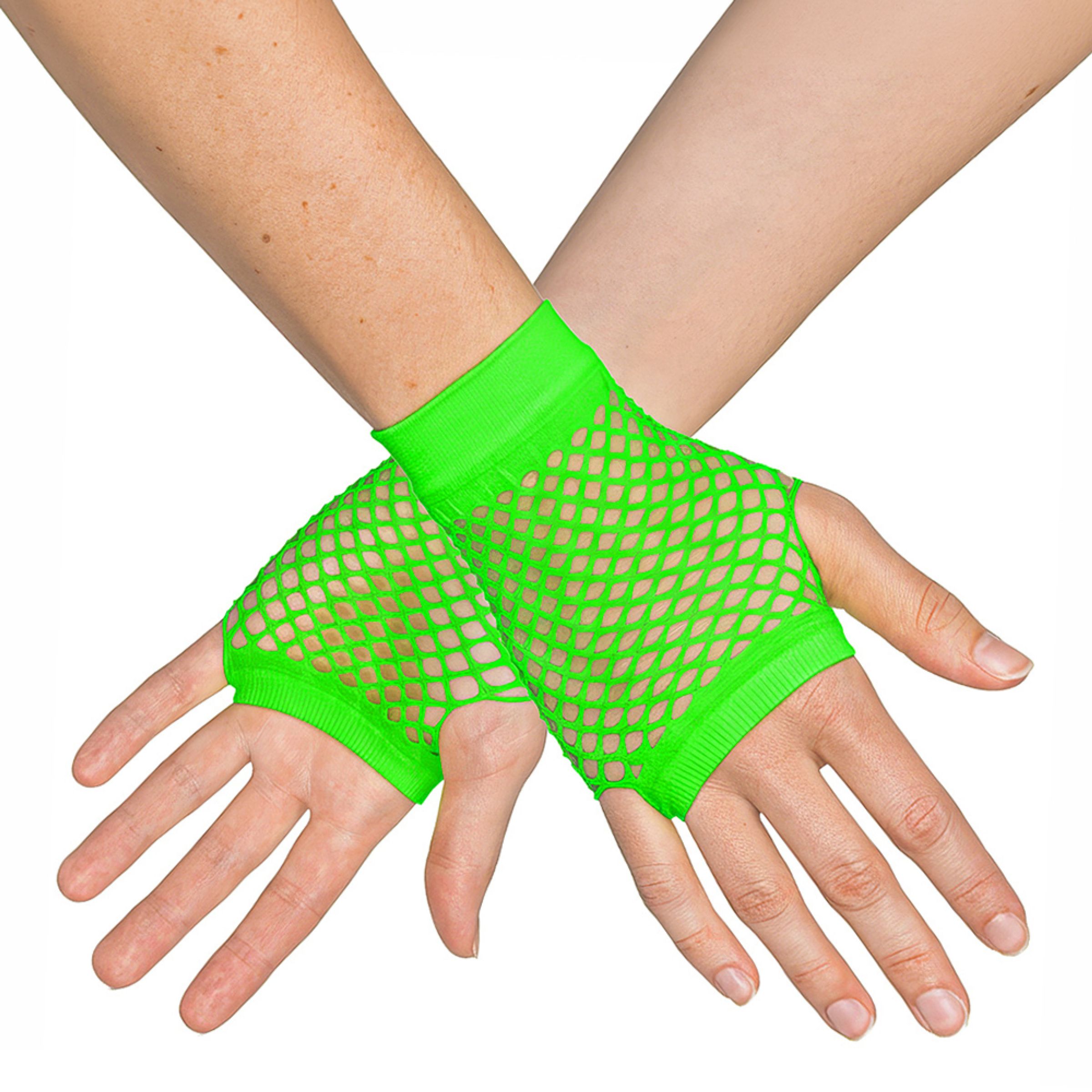 80-tals UV Fingerlösa Näthandskar Korta Neongrön - One size | Hem - Maskerad - Tillbehör - Handskar | Maskeradspecialisten