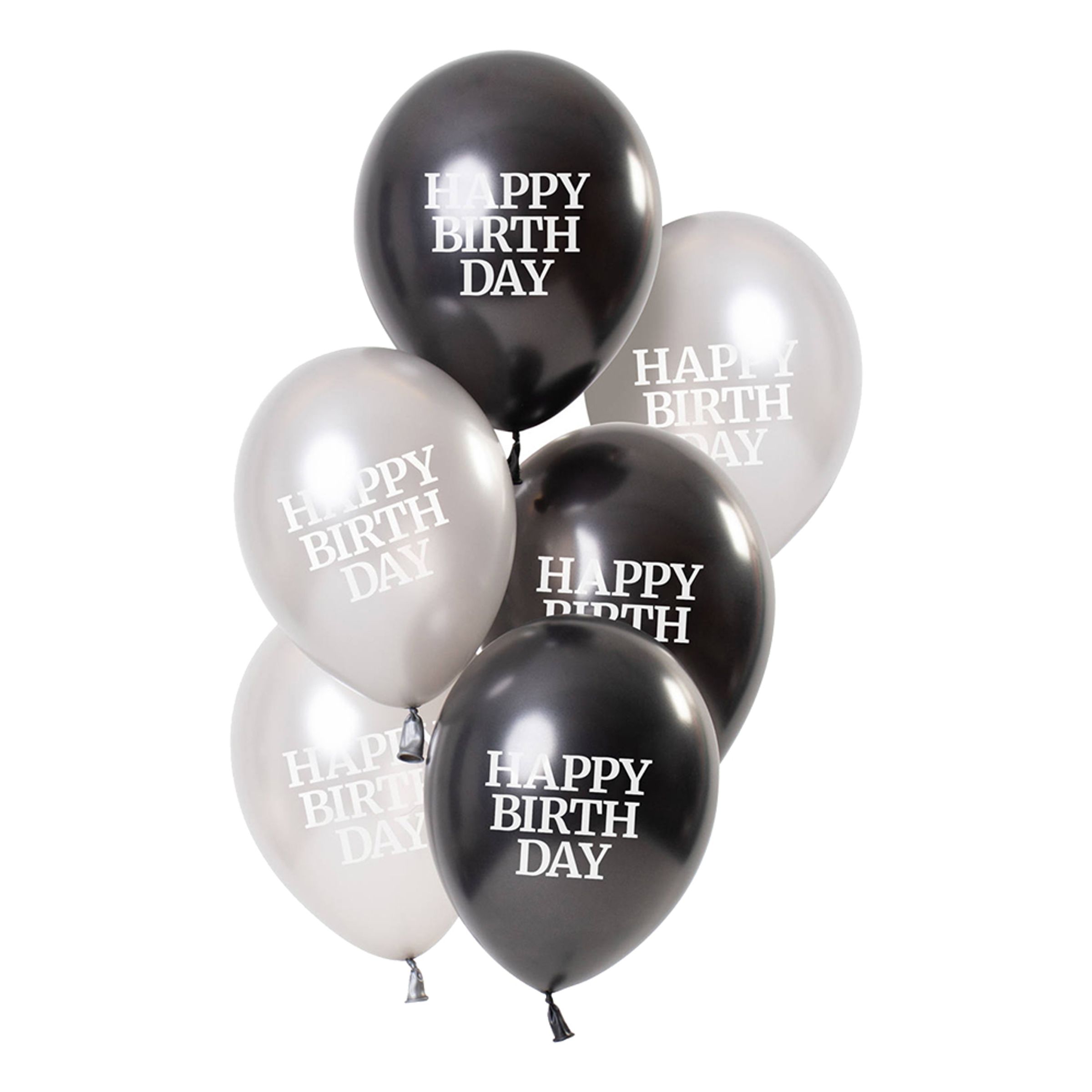 Balloner Hvide/Sorte Happy Birthday - 6-stk
