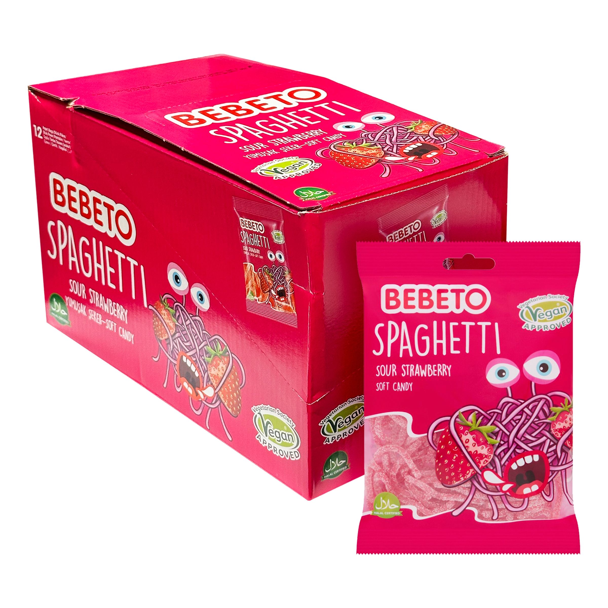 Bebeto Spaghetti Strawberry Storpack - 12 x 80 g | Hem - Godis & Läsk - Godis - Surt Godis | Maskeradspecialisten