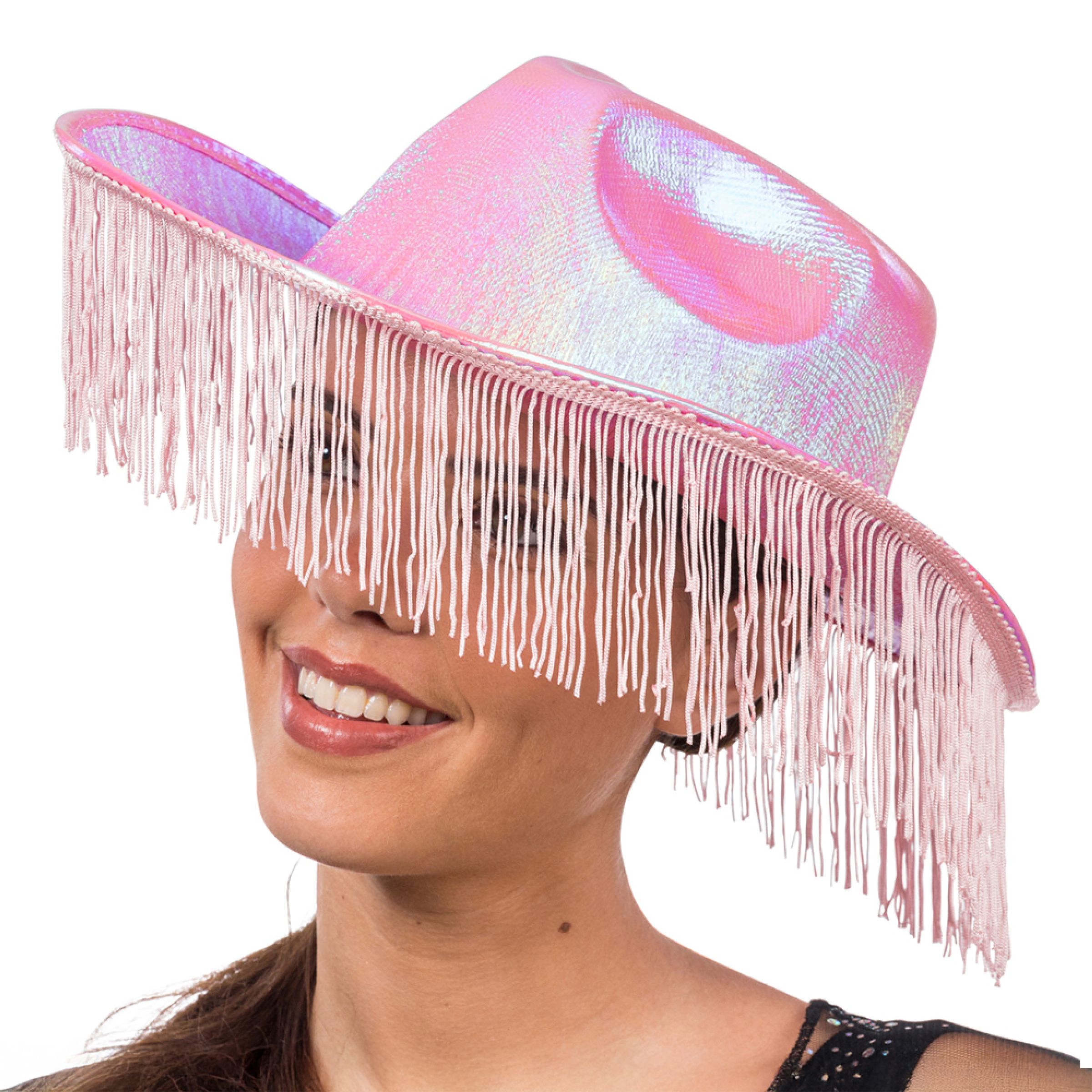 Cowboyhat lyserød skinnende med frynser - One size