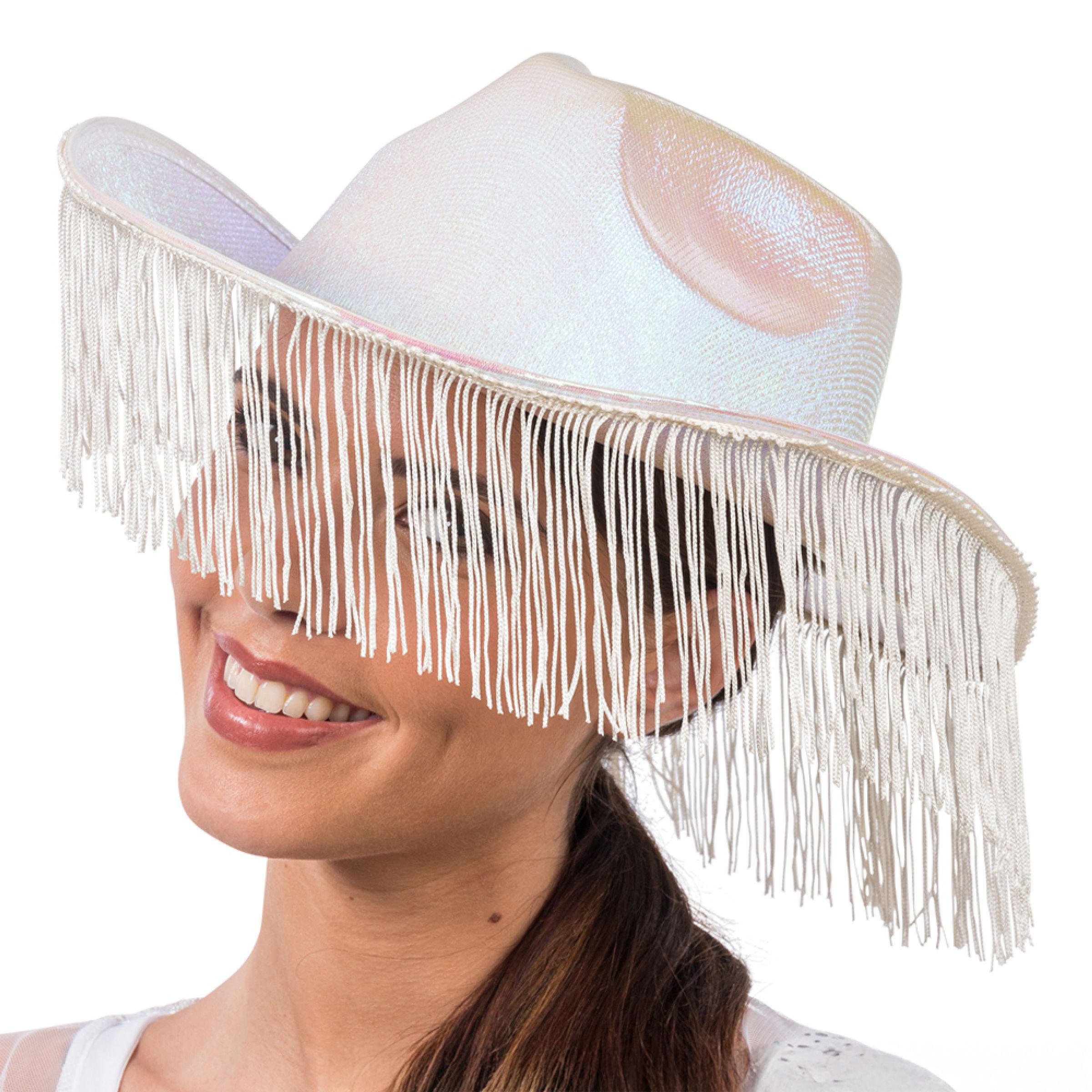 Cowboyhat Hvid Skinnende med Frynser - One size