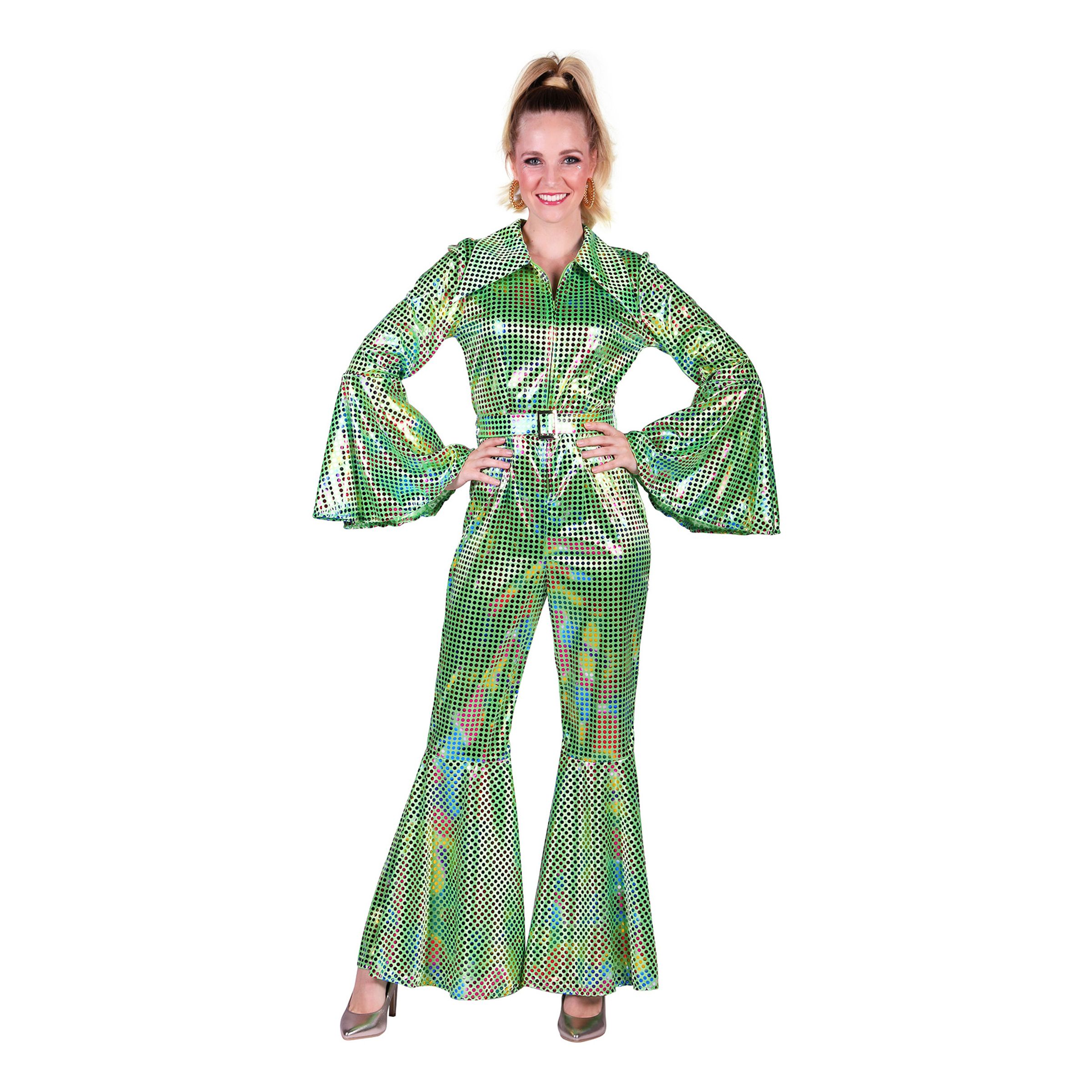 Disco Jumpsuit Grön Färgskimrande Maskeraddräkt - Medium | Hem - Maskerad - Maskeraddräkter - Damdräkter | Maskeradspecialisten