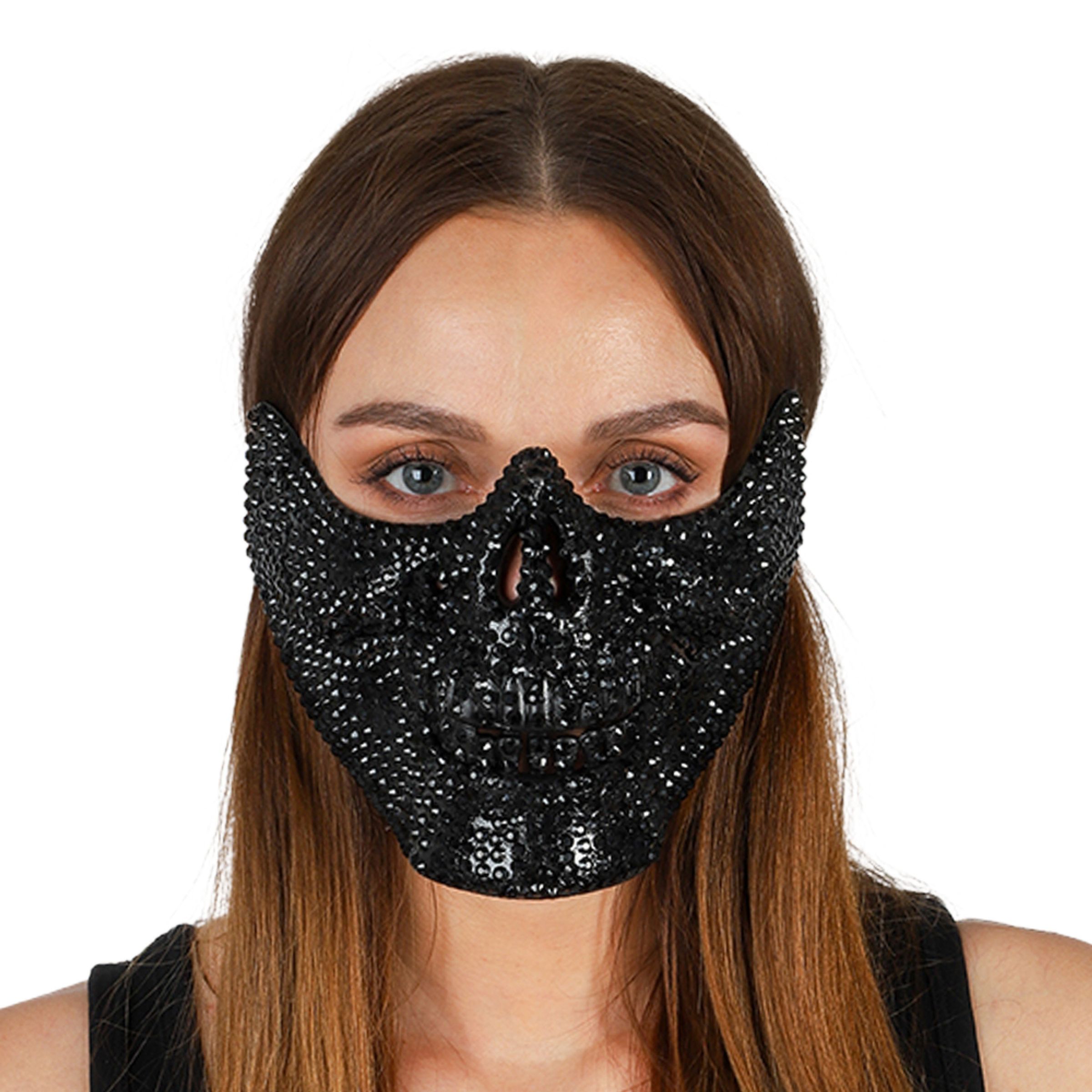 Dødningehoved Halvmaske med Strass Sort - One size
