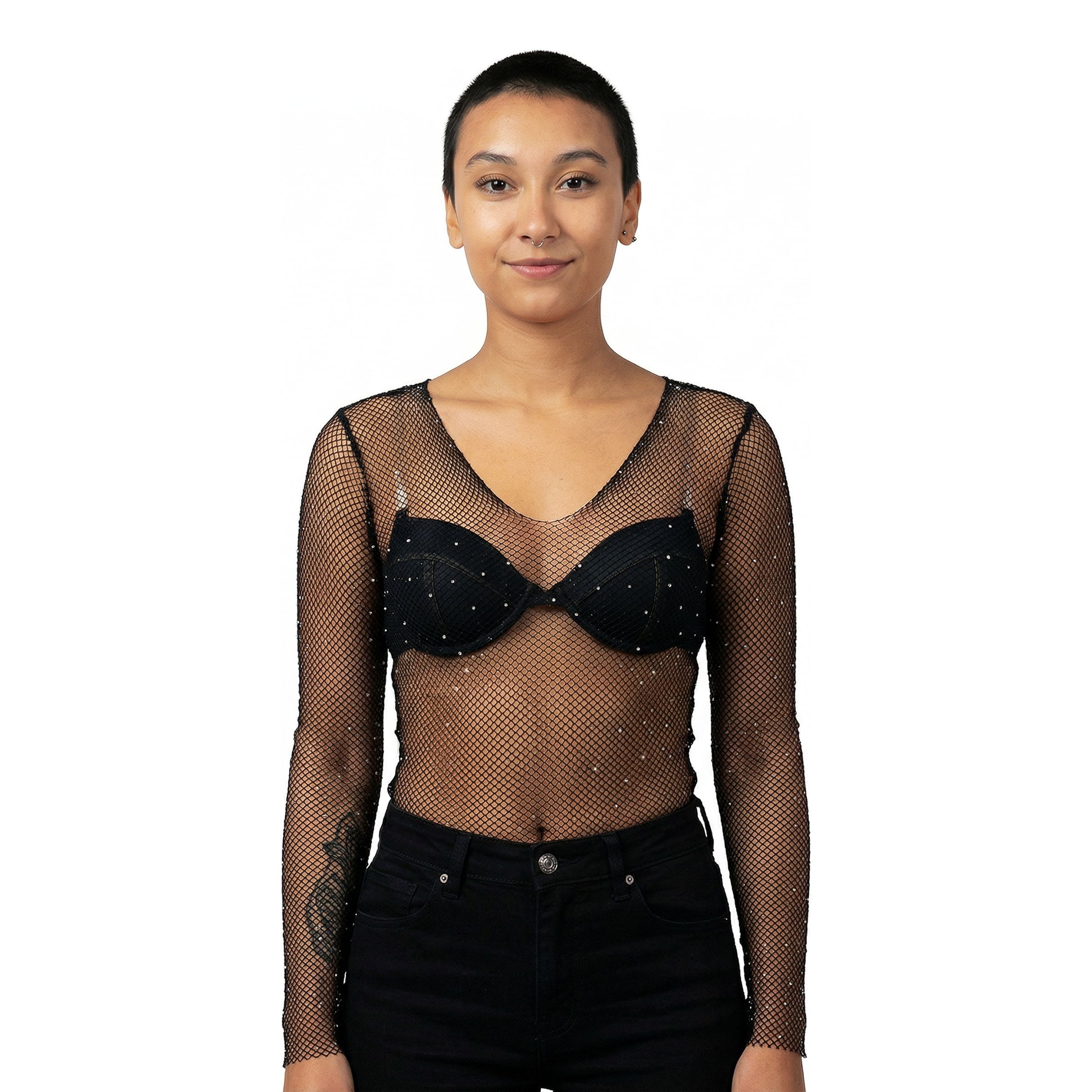 Fishnet Body Langærmet med Strass - One size
