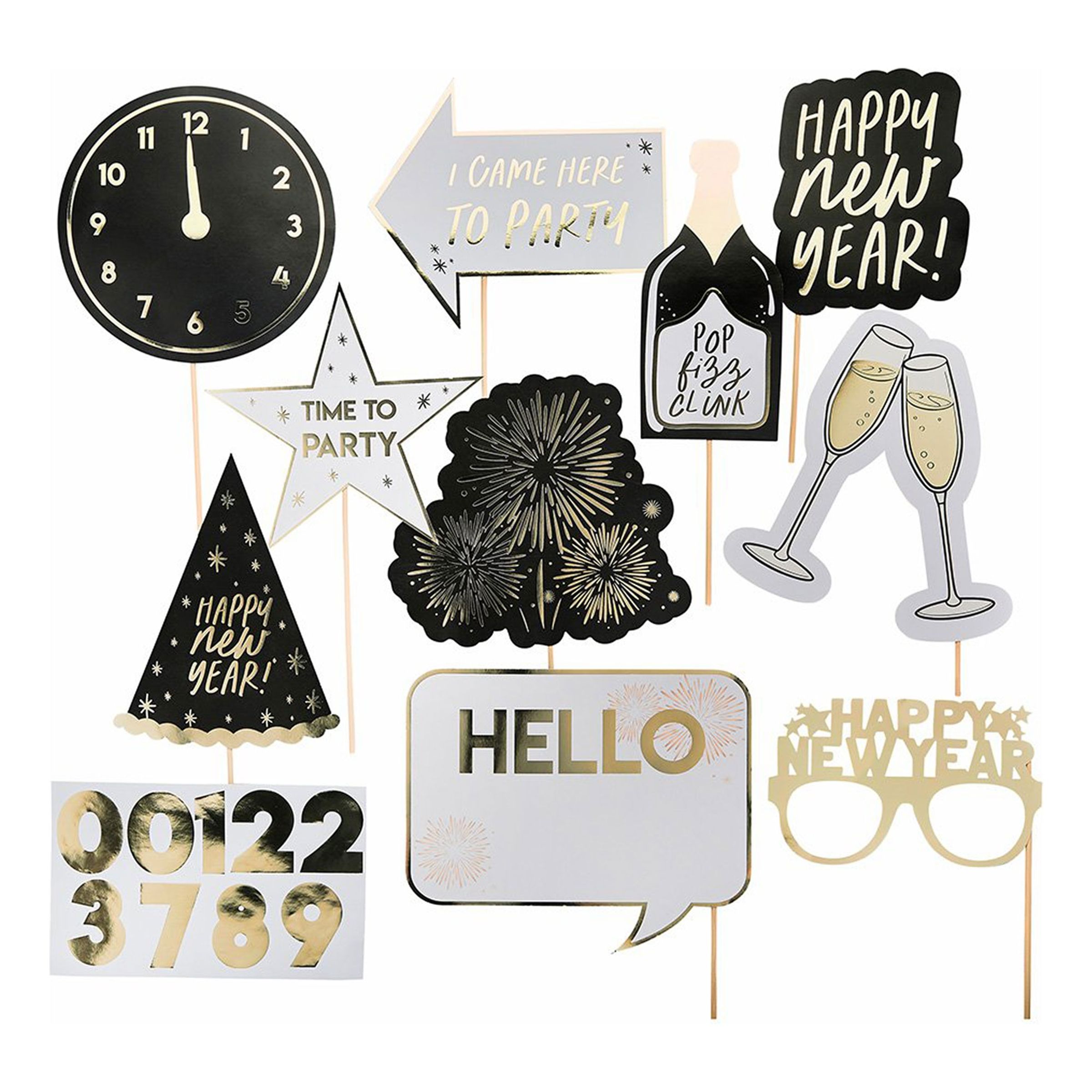 Fotoprops Happy New Year Sort/Guld - 10-pak