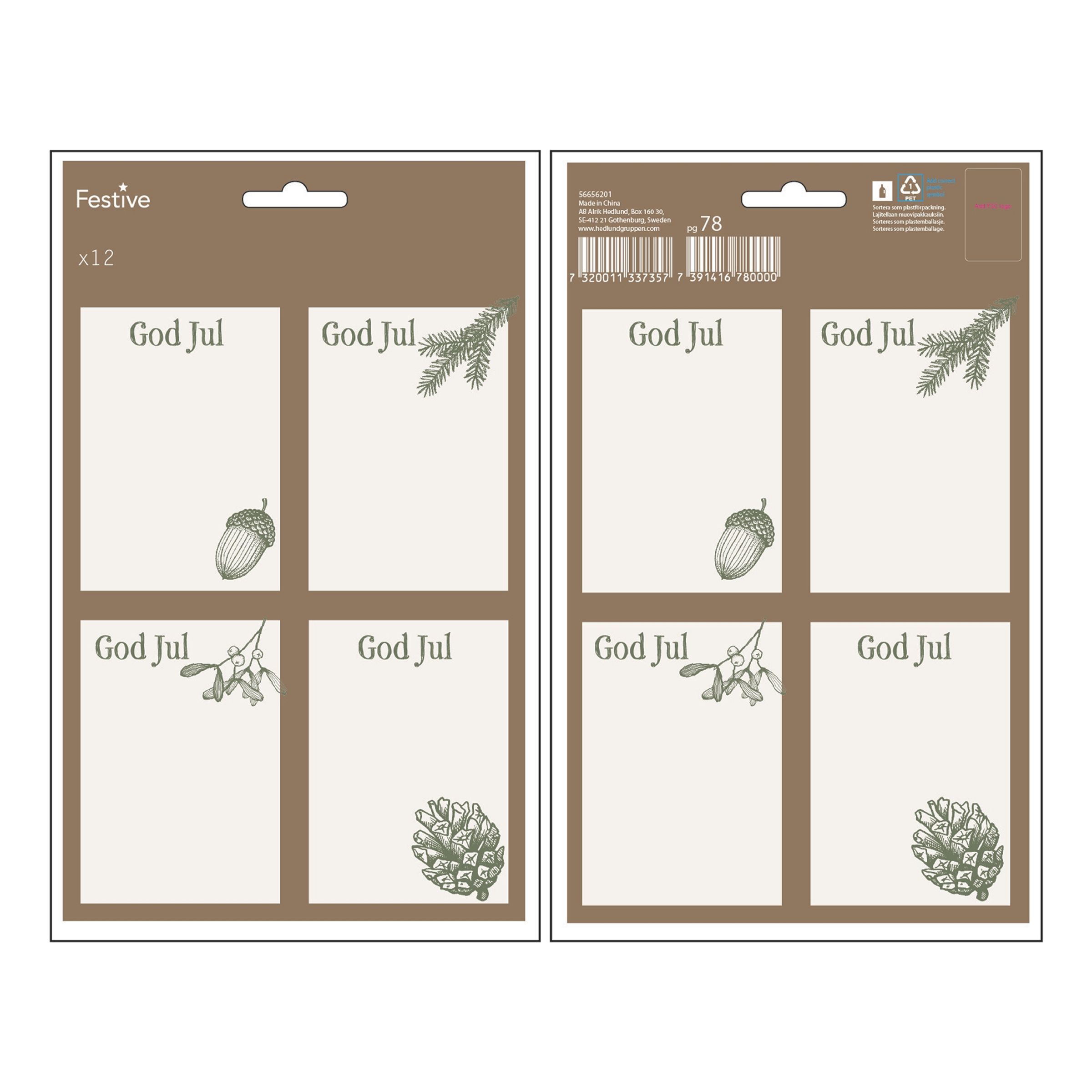 Juletiketter God Jul Brun - 12-pack