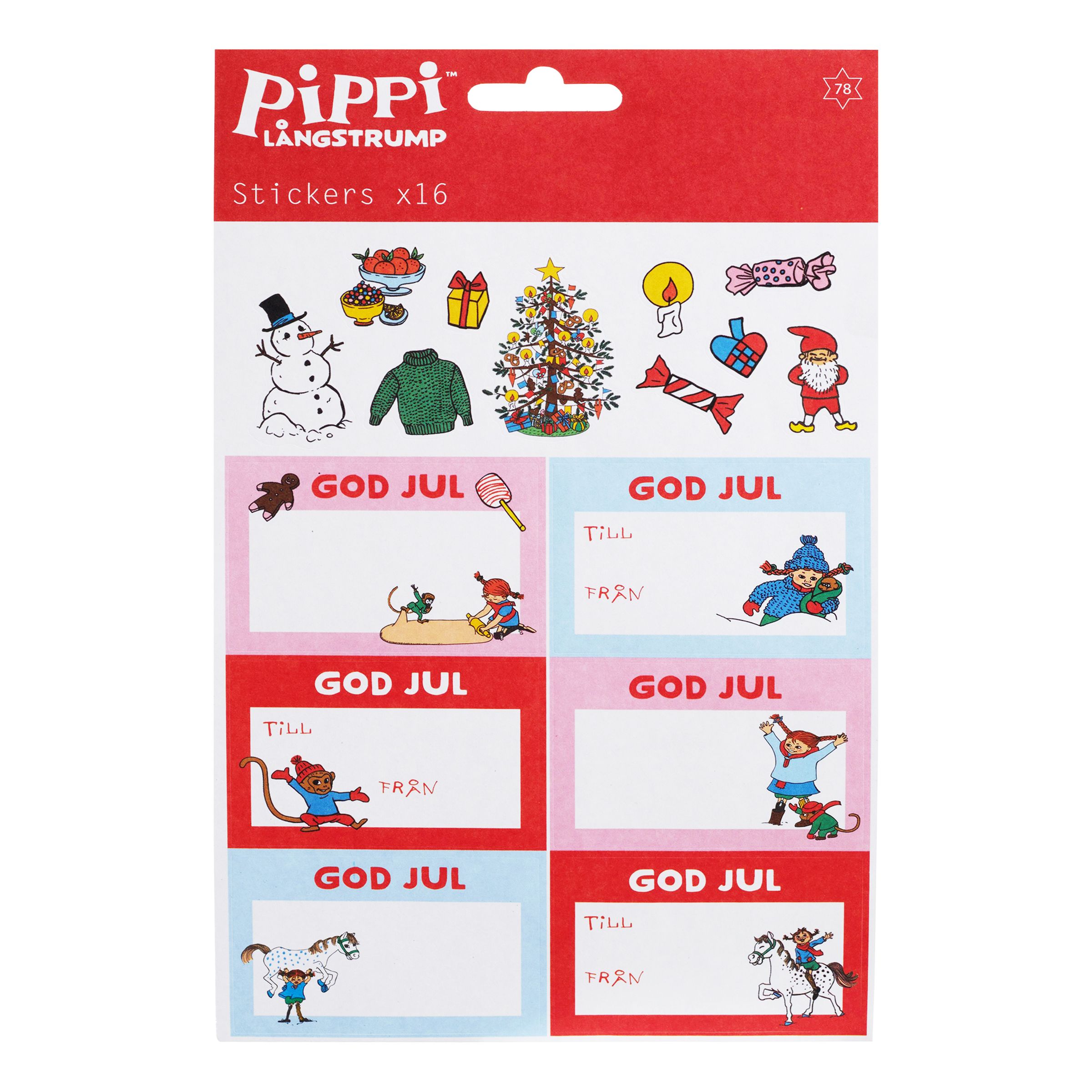 Jouluetiketit Peppi Pitkätossu - 16-pakkaus