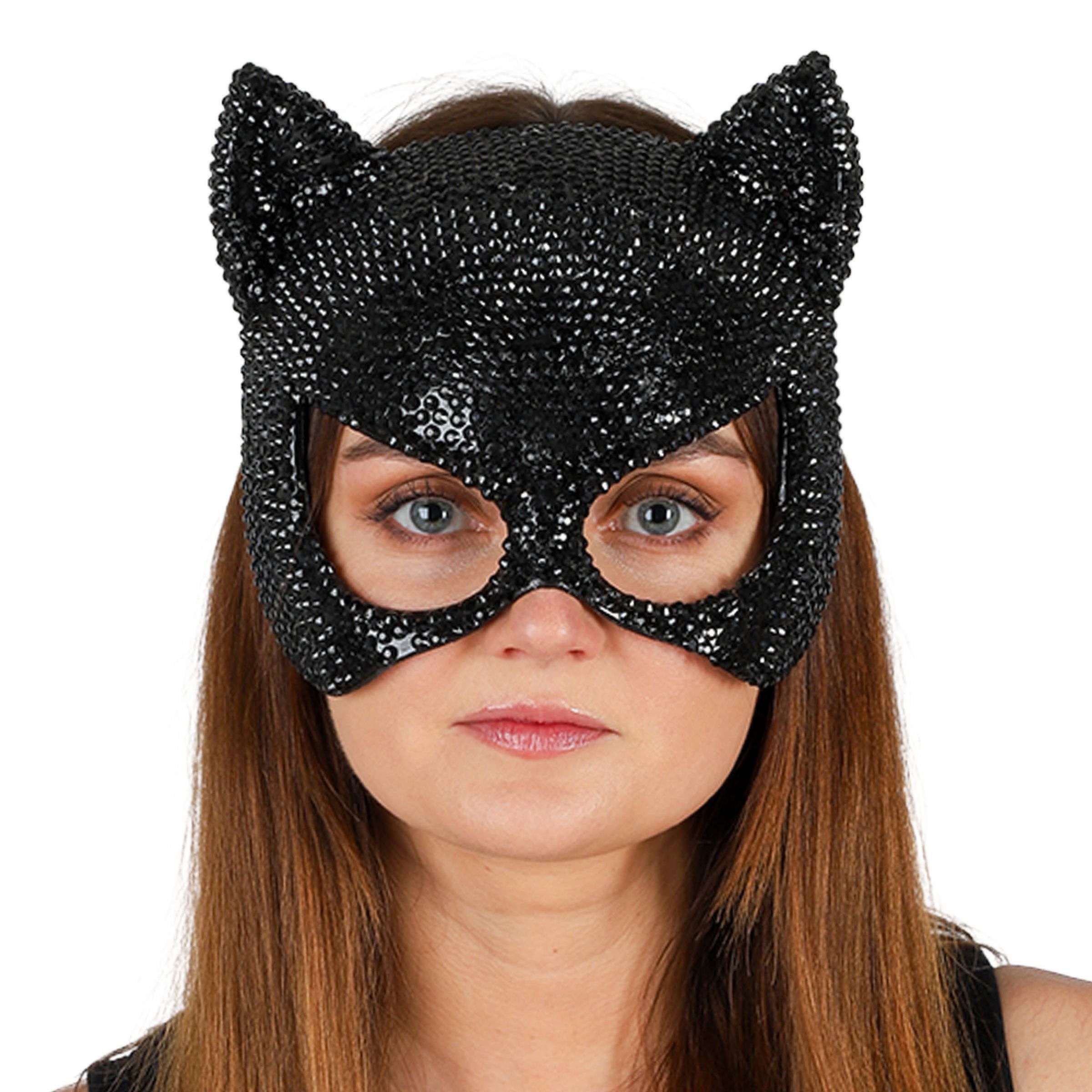 Sort kattehalvmaske med strass - One size