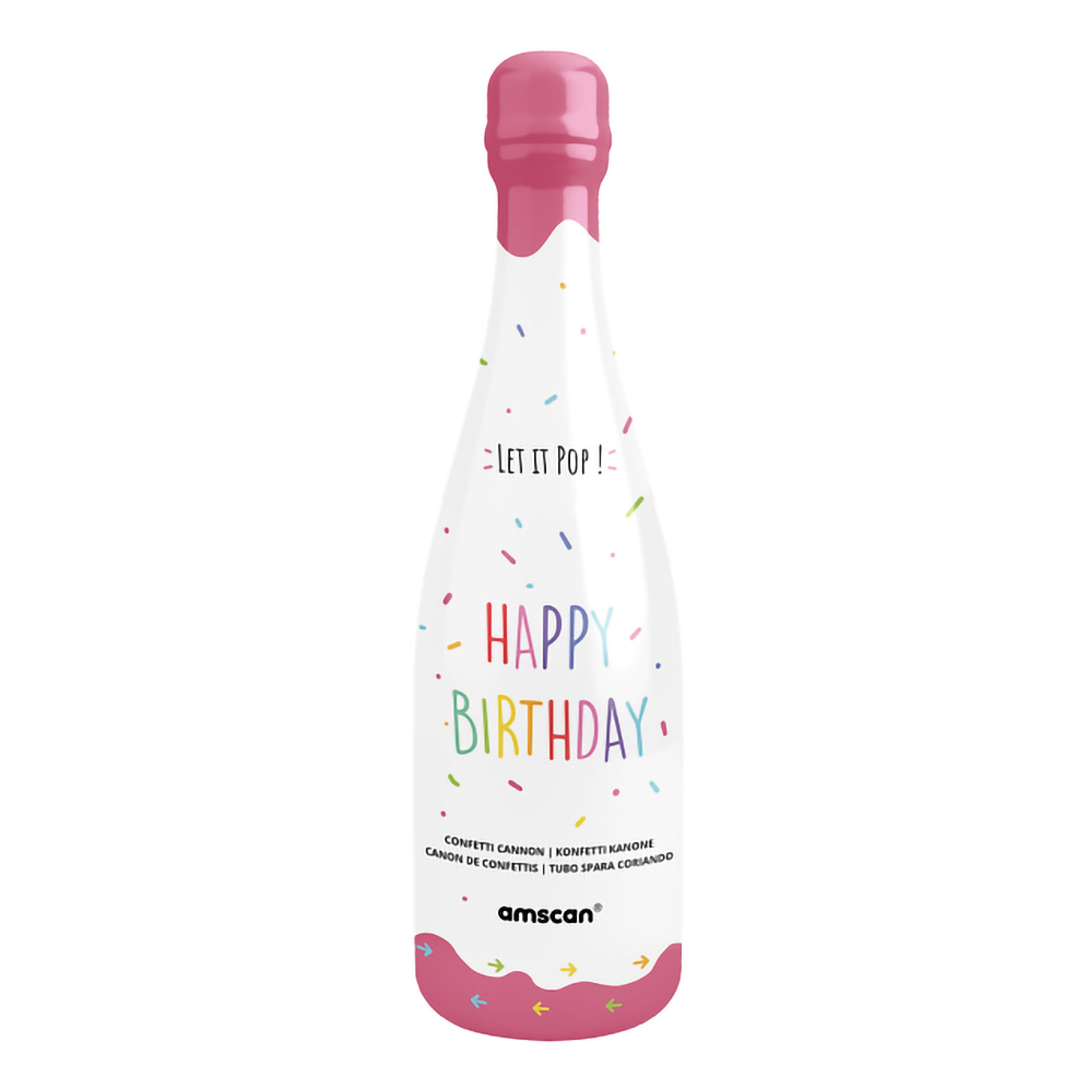 Konfettikanon Flaske Happy Birthday Lyserød - 32 cm