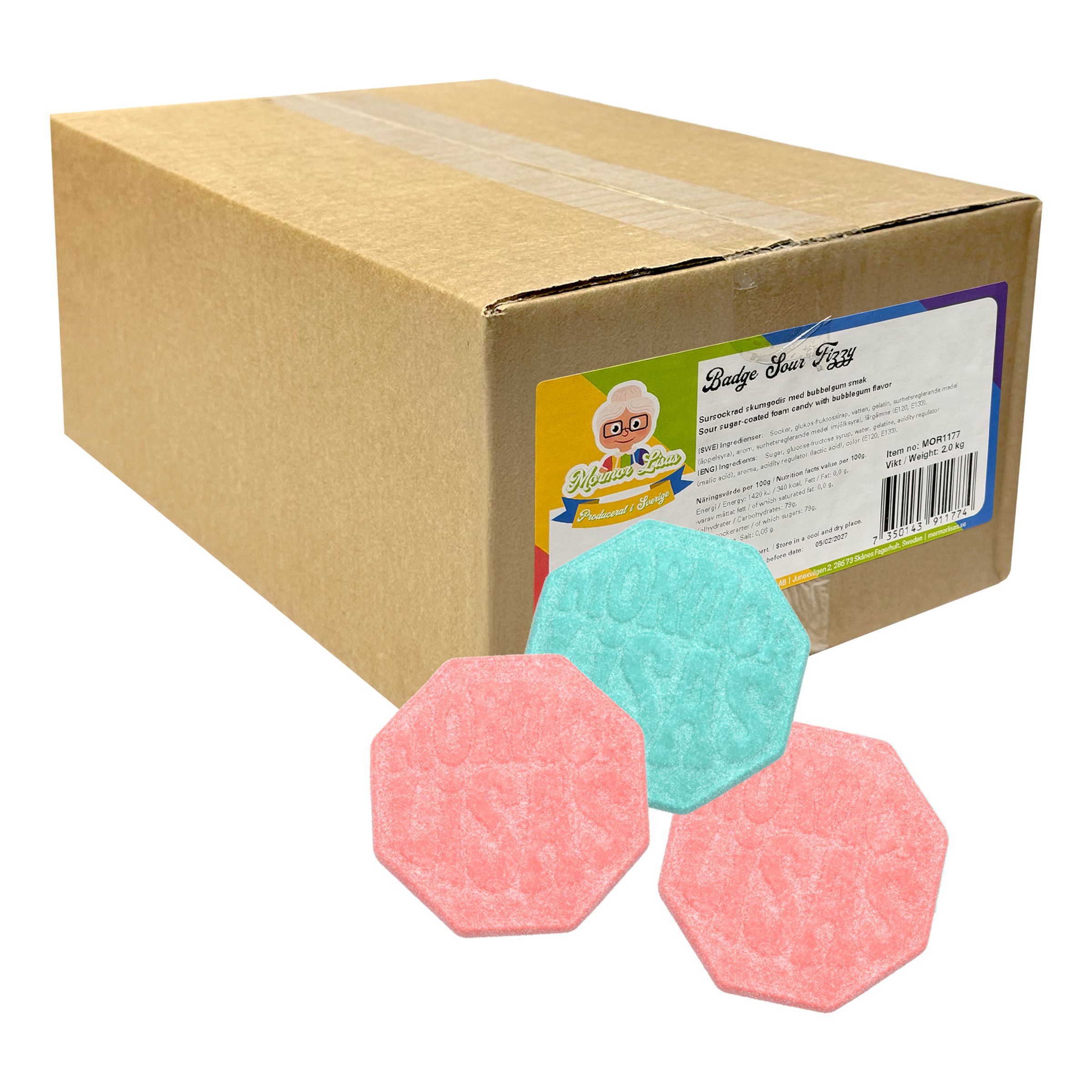 Mormor Lisas Badge Sour Fizzy Storpack - 2 kg | Hem - Godis & Läsk - Godis - Surt Godis | Maskeradspecialisten