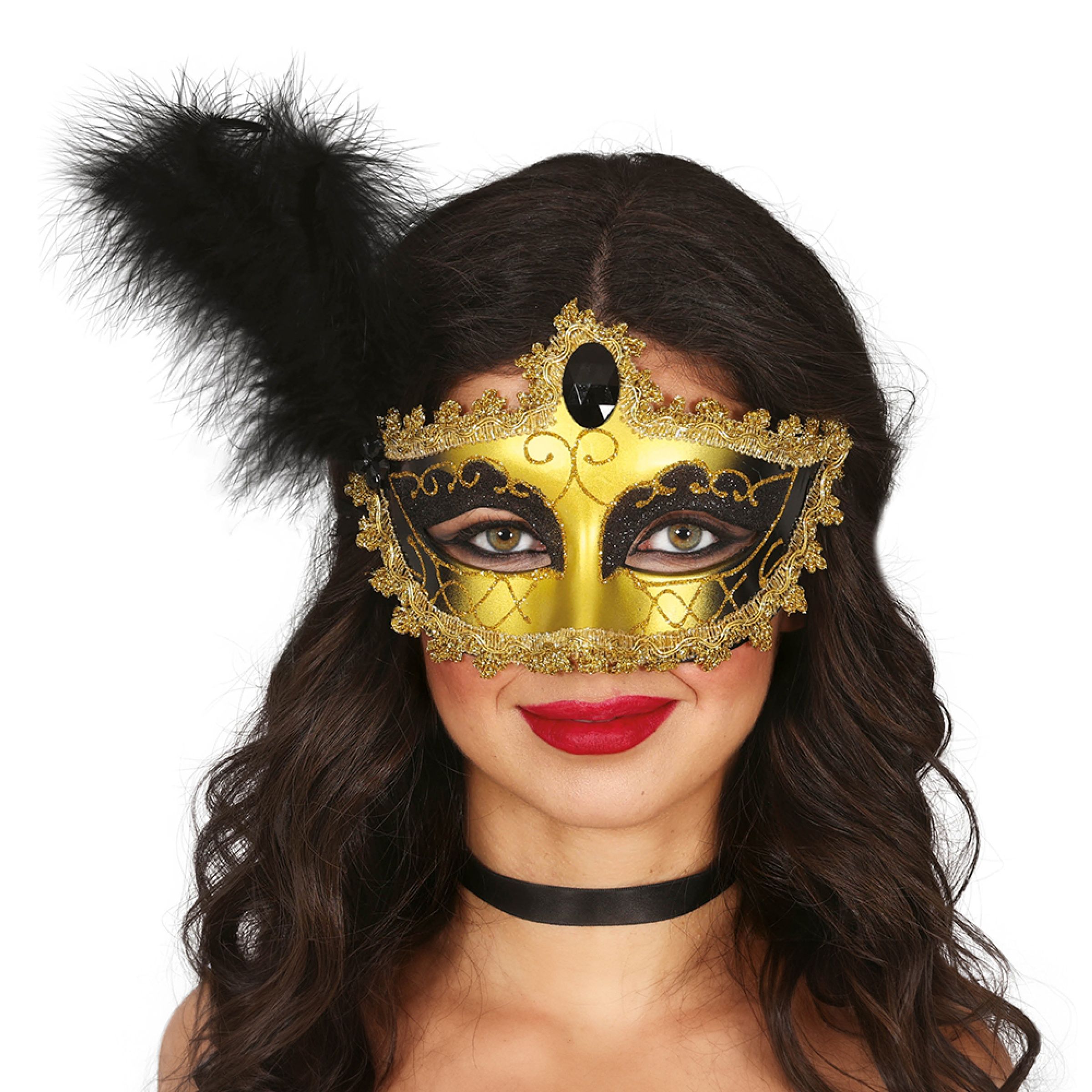 Ögonmask Svart/Guld med Fjäder - One size | Hem - Maskerad - Tillbehör - Maskeradaccessoarer | Maskeradspecialisten