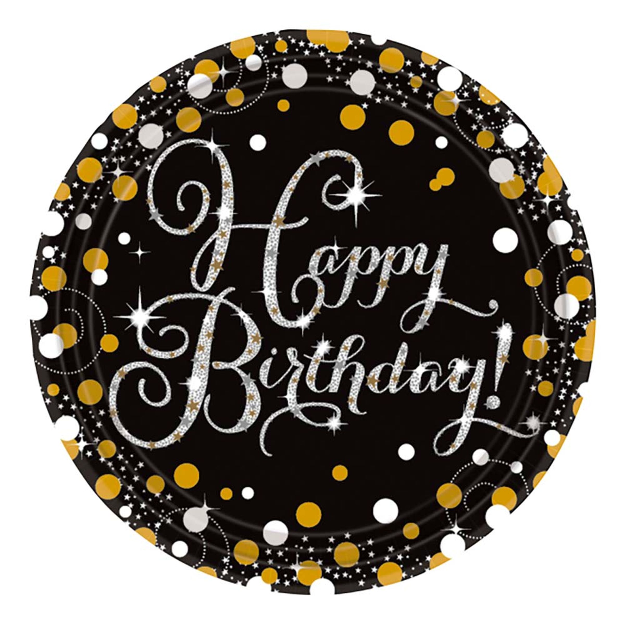 Paptallerkener Happy Birthday Sølv/Guld Glitter - 8-pak
