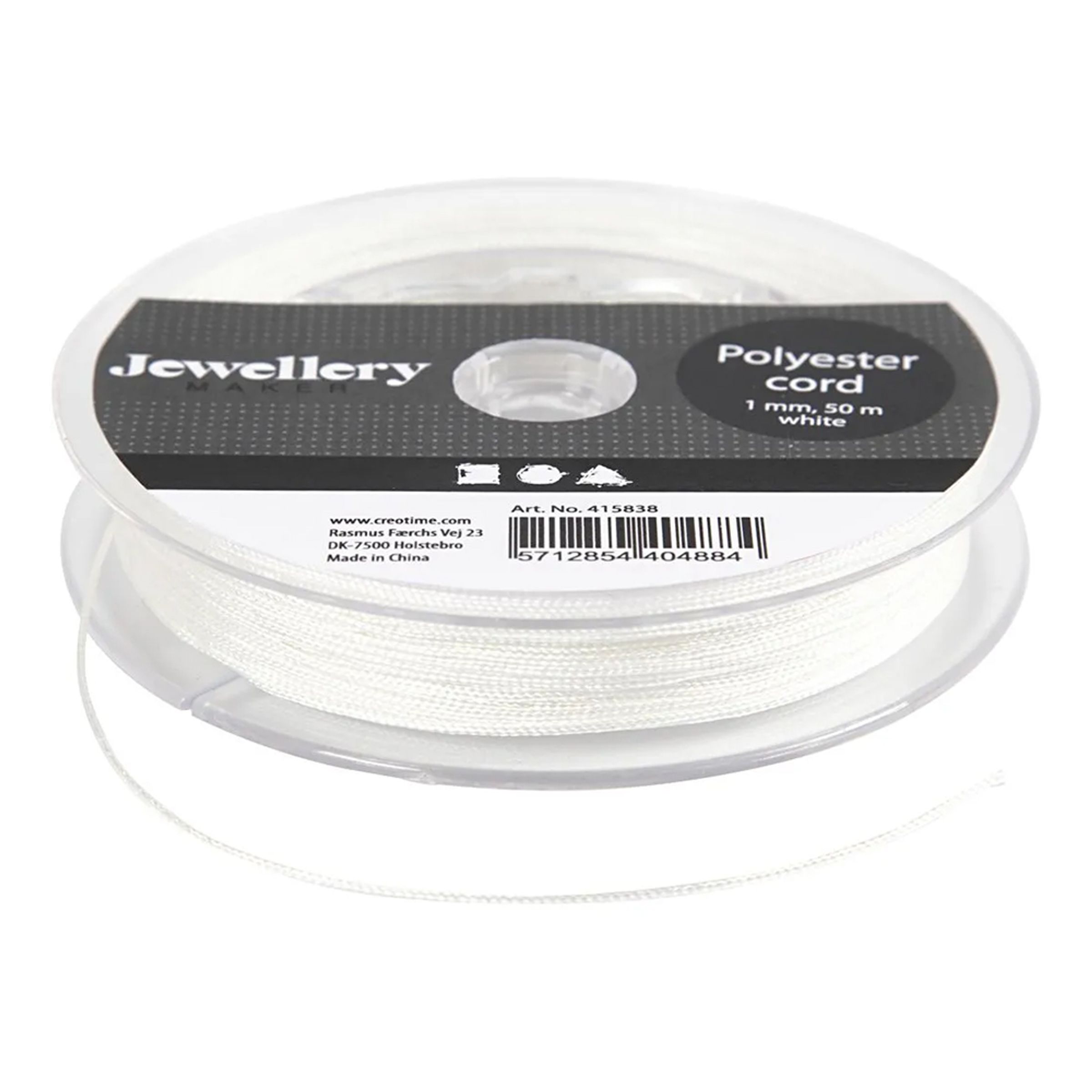 Polyester snor, tykkelse 1 mm, hvid, 50 m/ 1 rl.