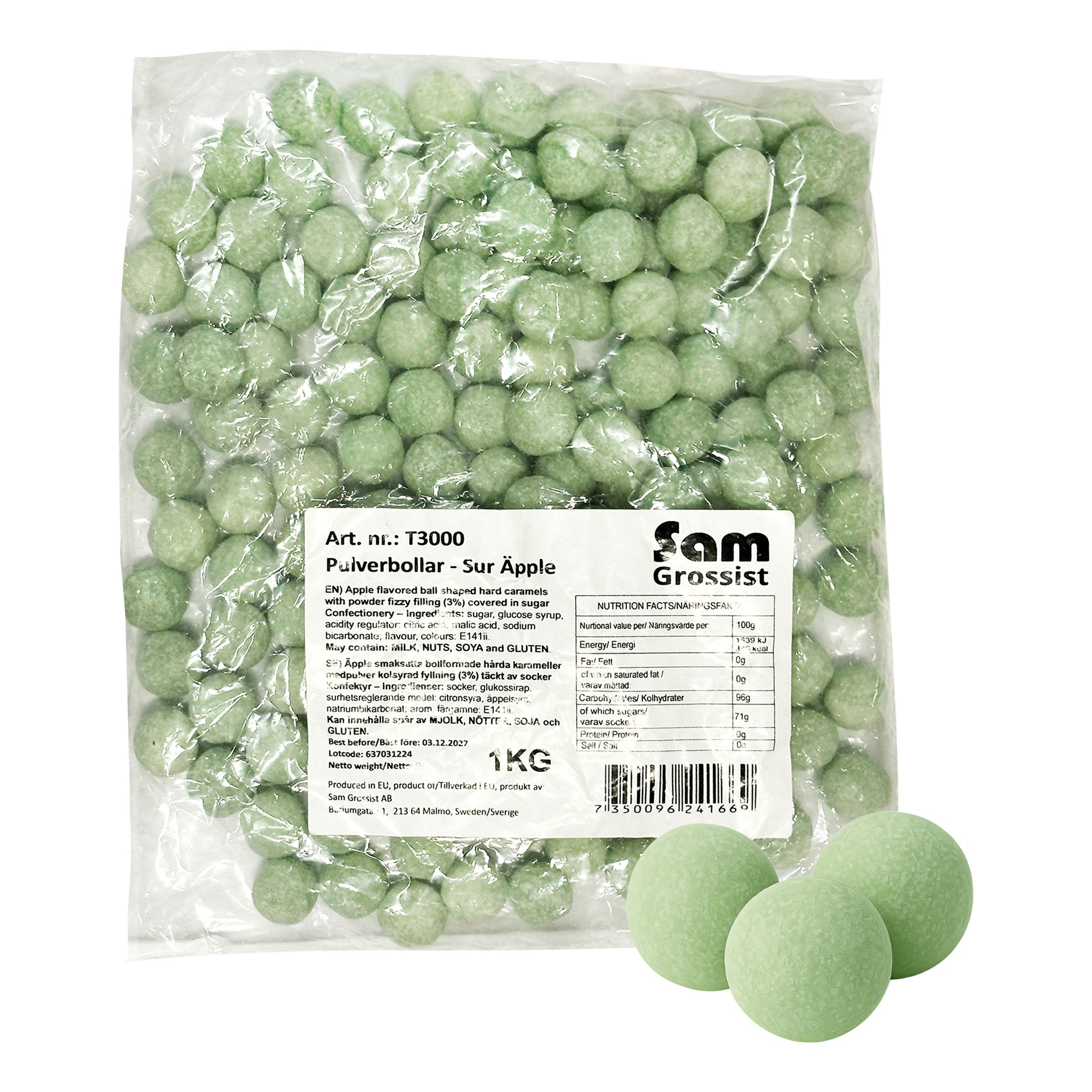 Pulverbollar Sur Äpple Storpack - 1 kg | Hem - Godis & Läsk - Godis - Surt Godis | Maskeradspecialisten