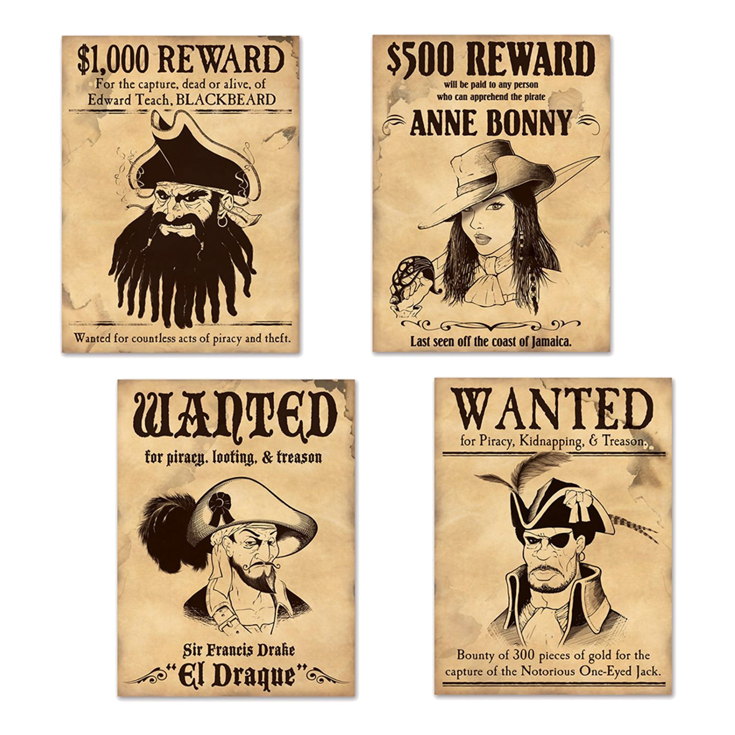 Wanted-skilte Pirattema - 4-pak