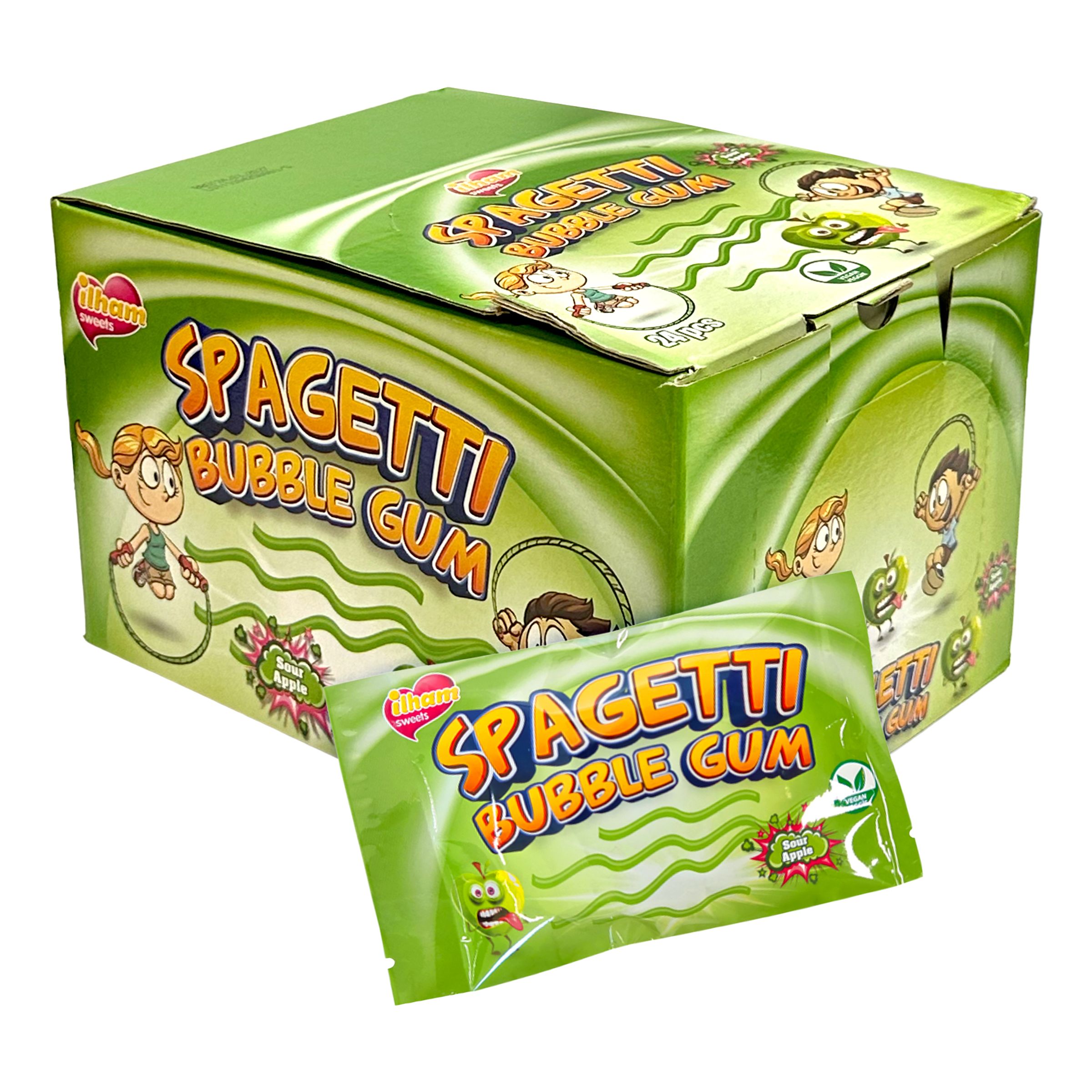 Spaghetti Bubble Gum Sour Apple Økonomipakke - 24 x 40 g