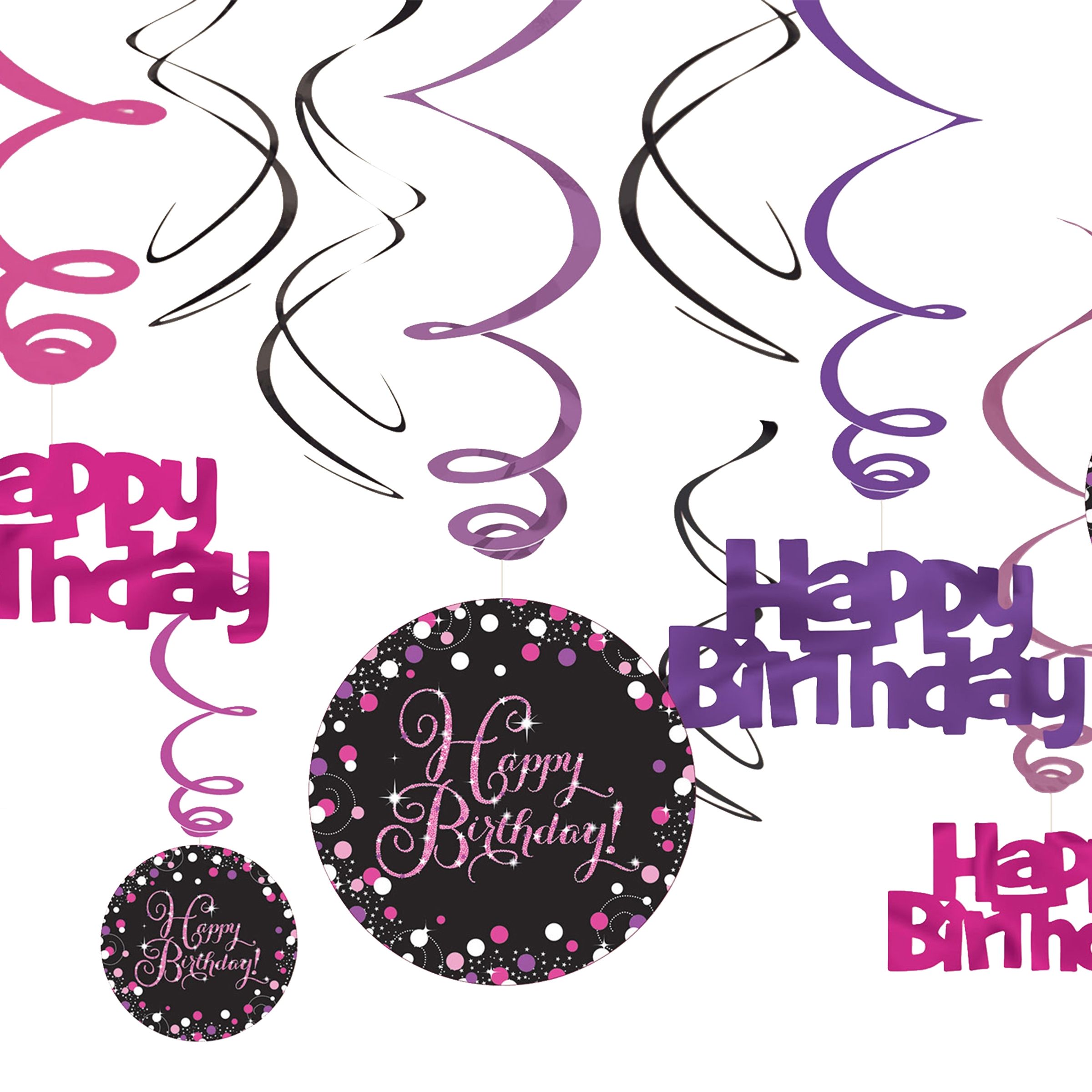 Swirls Happy Birthday Sort/Lyserød Glitter - 12-pak