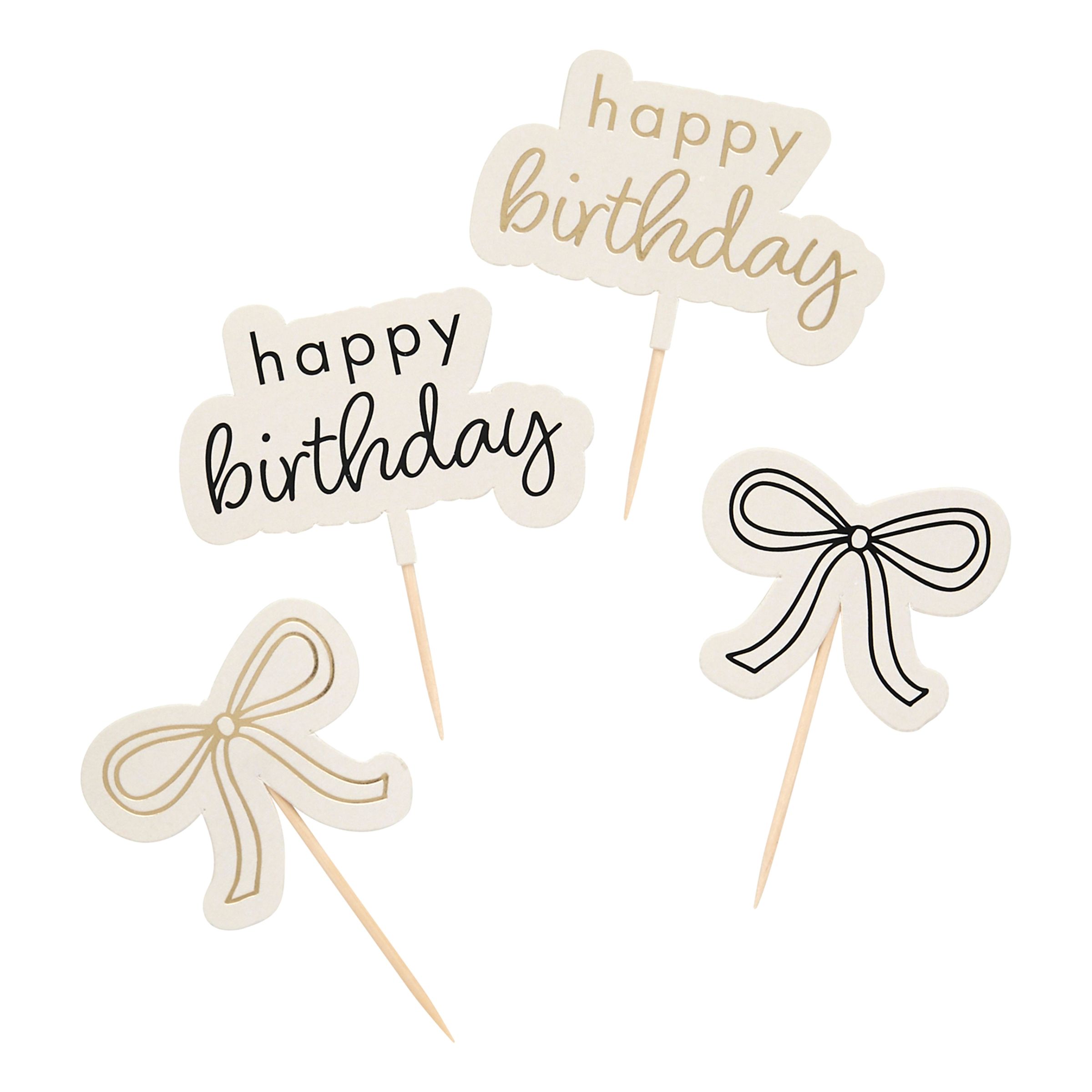 Kagedekorationer Happy Birthday Cremehvid Sløjfe - 12-pak