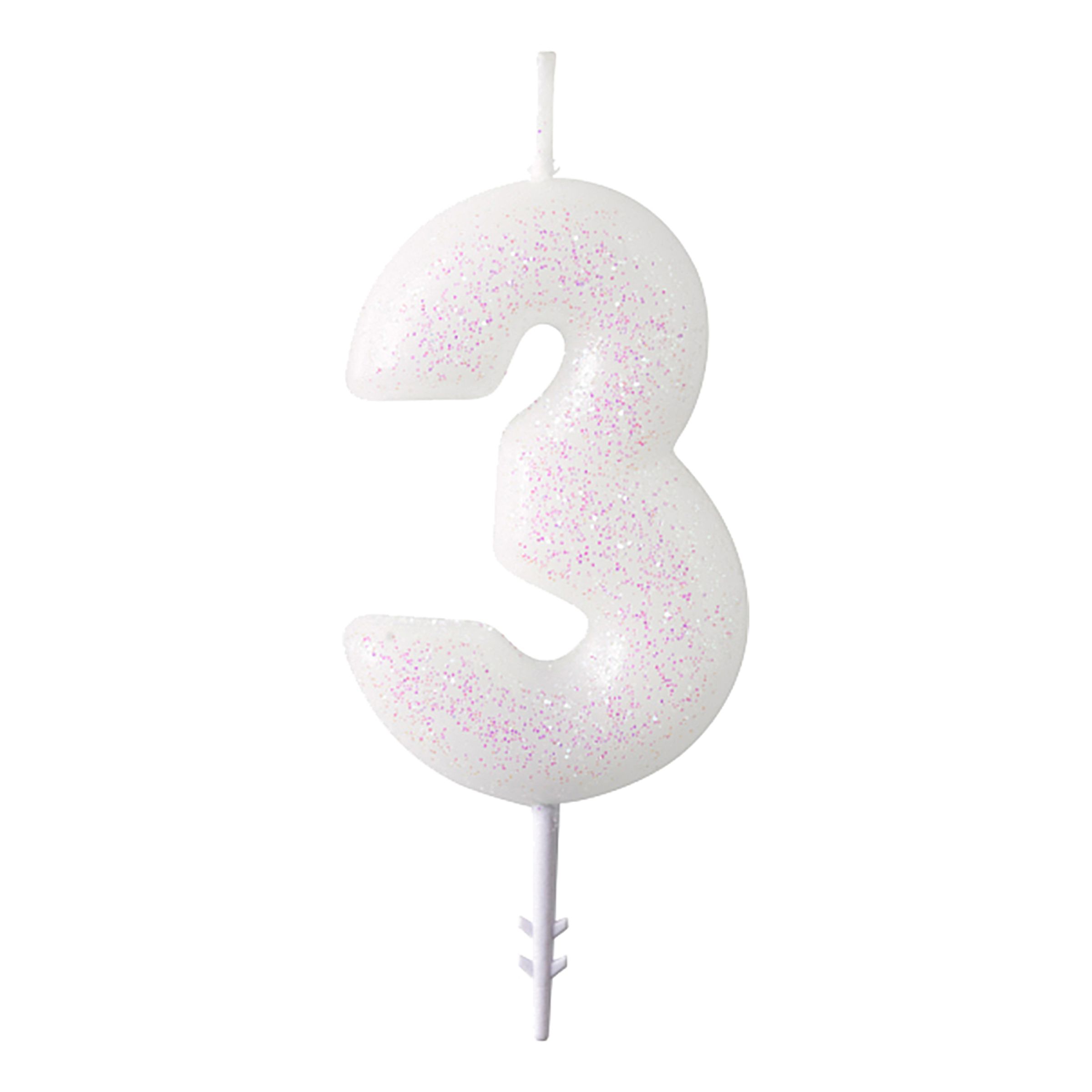 Kagelys Hvide Tal Lyserødt Glitter - Tal 3