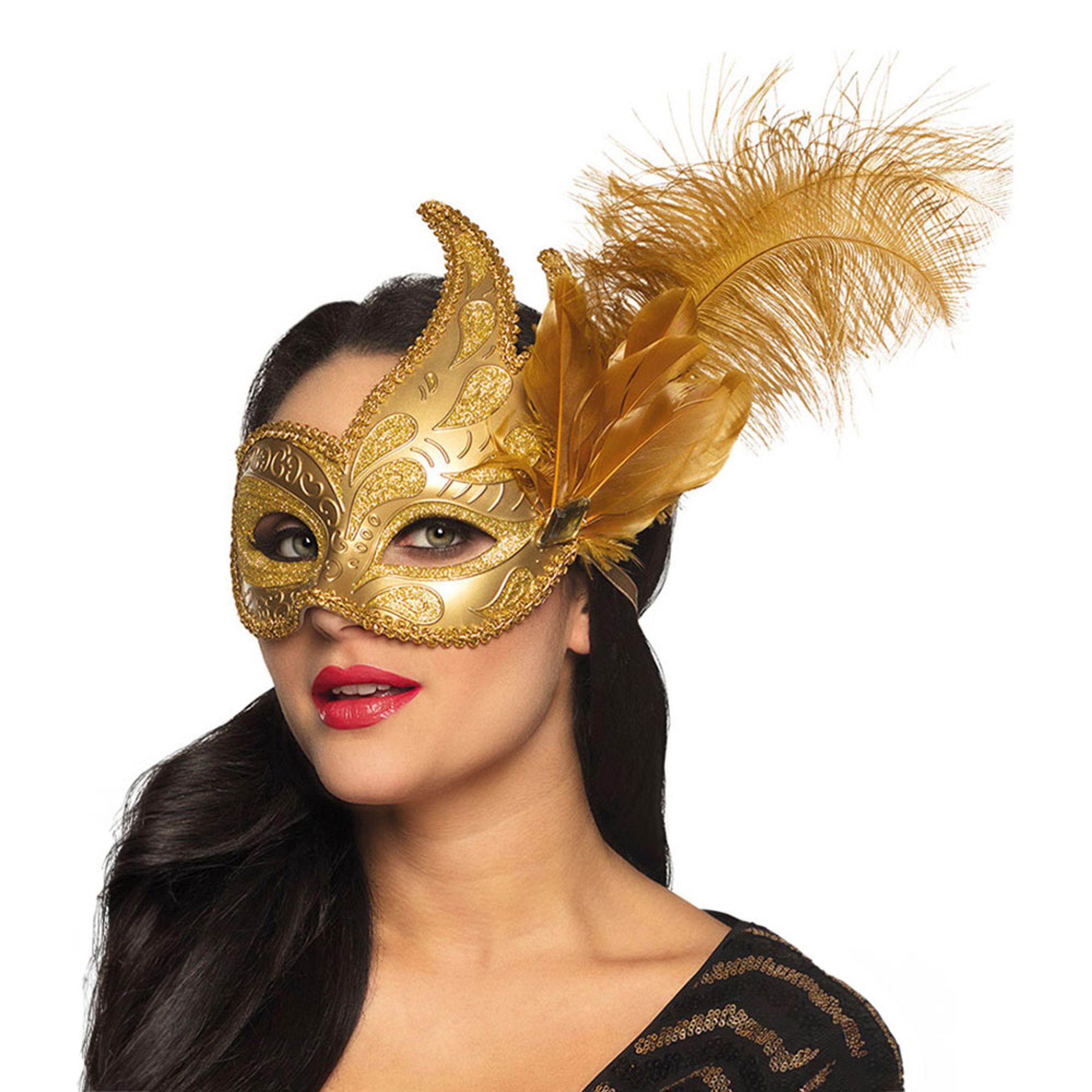 Venetiansk Ögonmask Guld med Fjädrar - One size | Hem - Maskerad - Masker - Vuxenmasker | Pryloteket