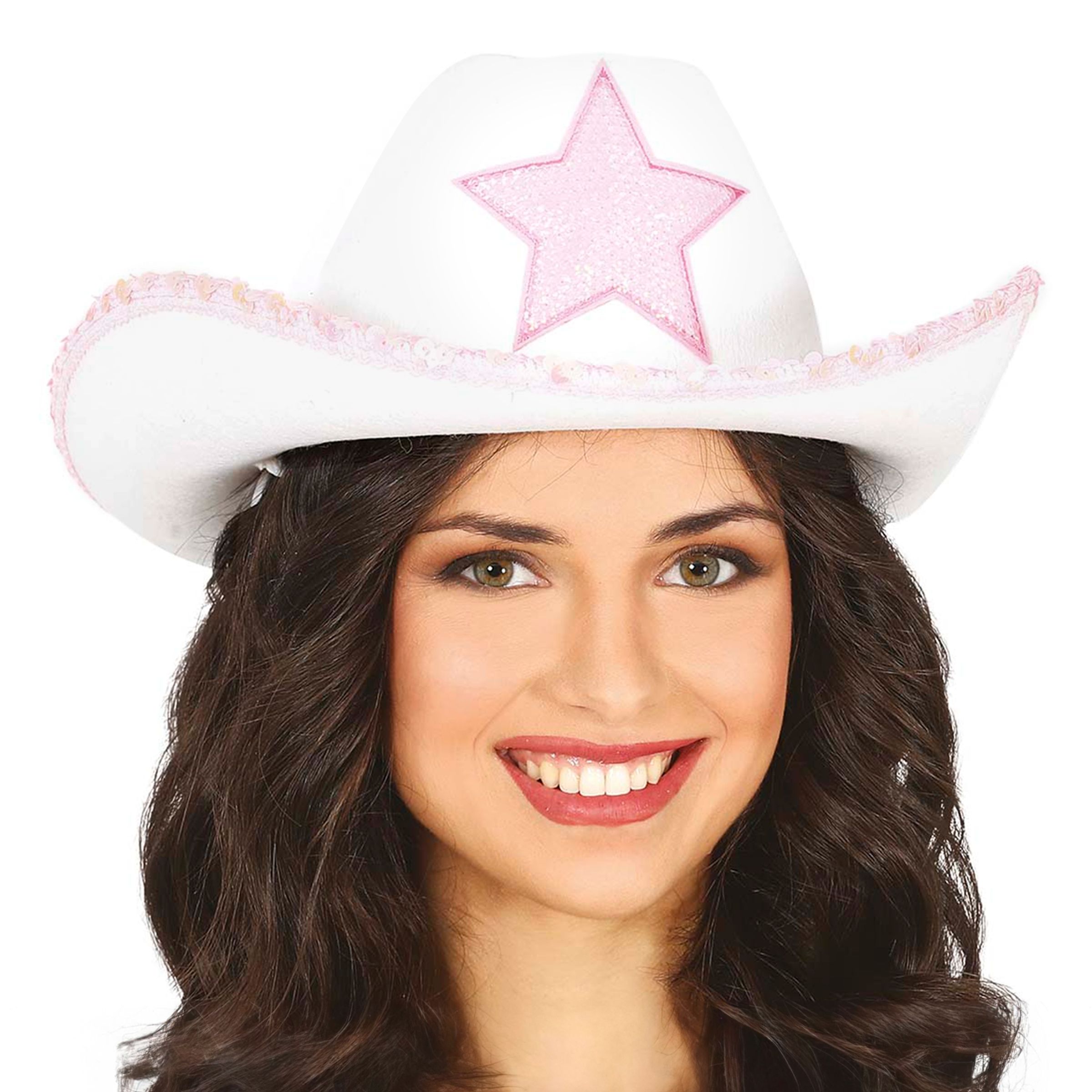 Hvid Cowboyhat med Lyserød Stjerne - One size