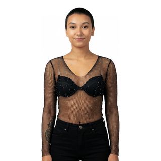 Fishnet Body Langærmet med Strass