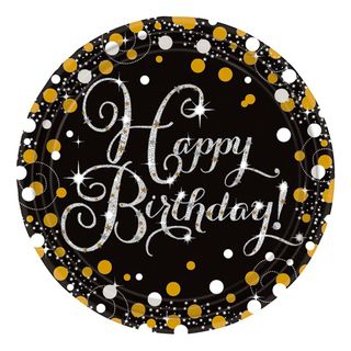 Paptallerkener Happy Birthday Sølv/Guld Glitter