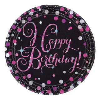 Paptallerkener Happy Birthday Sort/Lyserød Glitter
