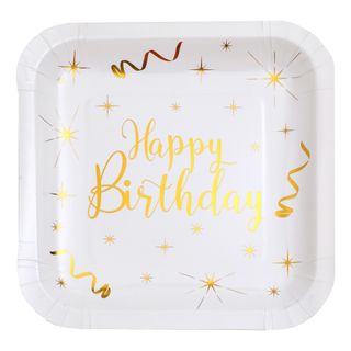 Paptallerkener Happy Birthday Hvid/Guld