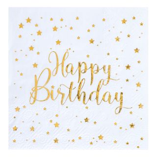 Servietter Happy Birthday Guld/Hvid
