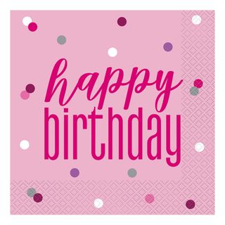 Servietter Happy Birthday Lyserød/Sølv