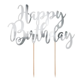 Lagkagedekoration Happy Birthday Sølv