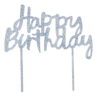 Kagedekoration Happy Birthday Sølv i Akryl