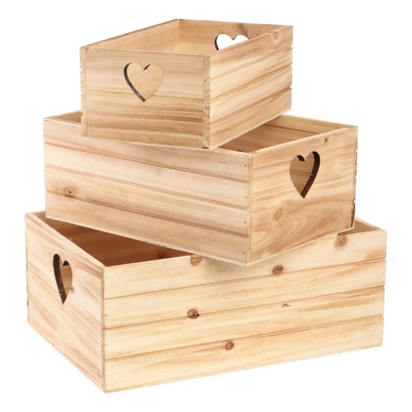 Förvaringslådor i Trä med Hjärta - 3-pack