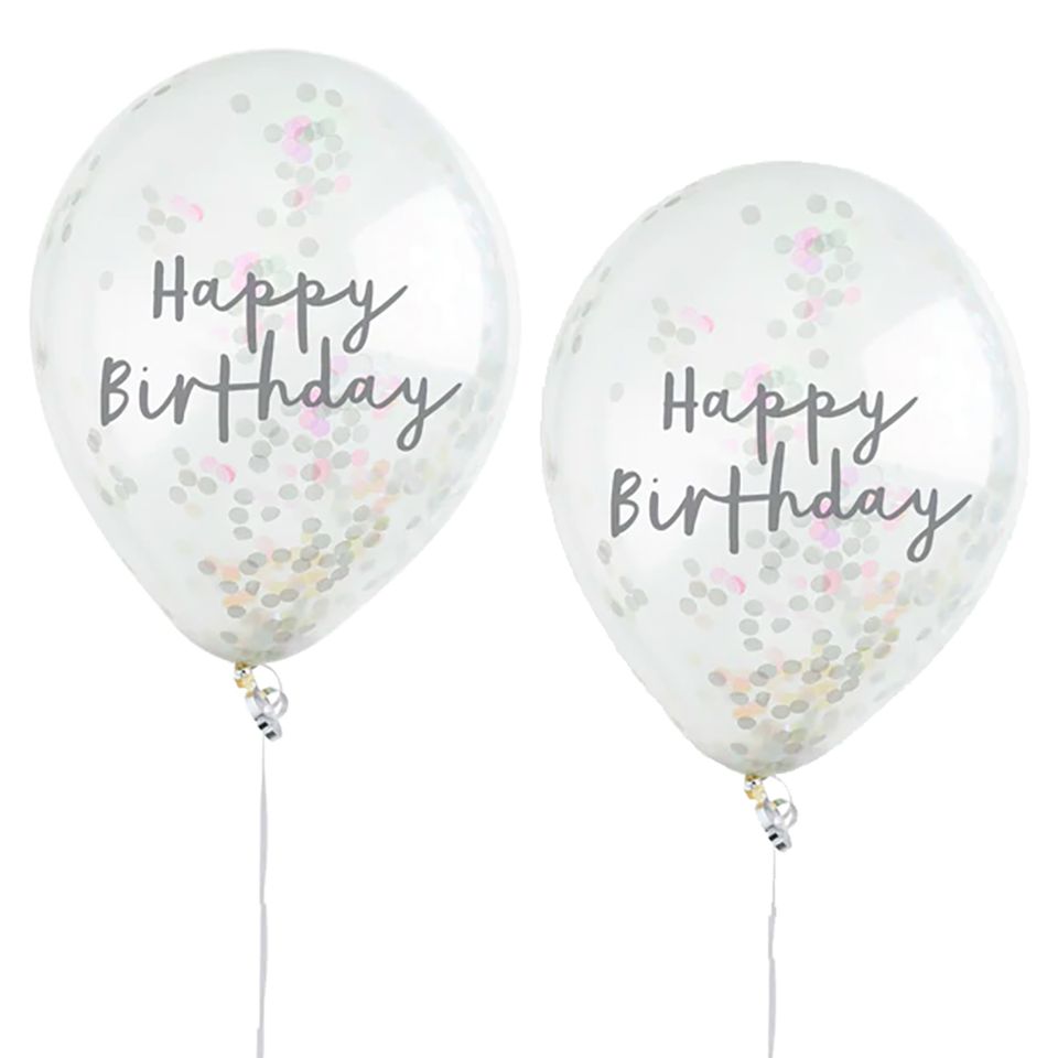 Konfettiballonger Happy Birthday Färgskimrande - 5-pack från Club Green / Hootyballoon