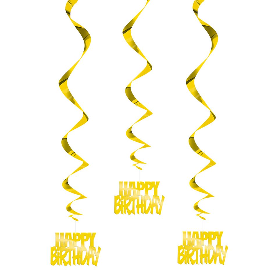Swirls Happy Birthday Guld Hängande Dekoration - 3-pack från Unique Party