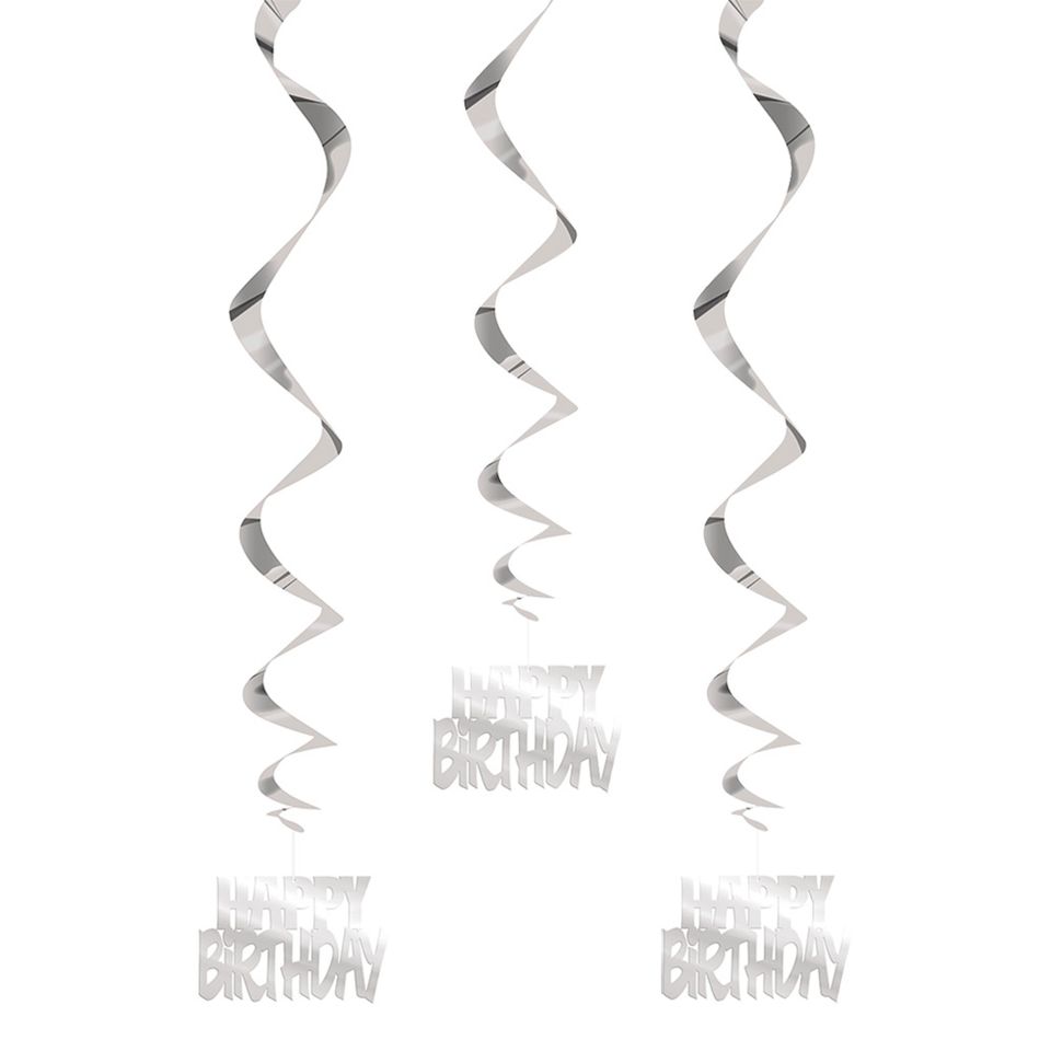 Swirls Happy Birthday Silver Hängande Dekoration - 3-pack från Unique Party